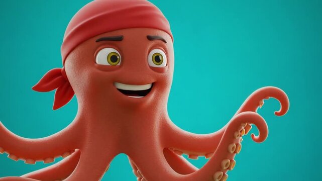 A Cute Cartoon Octopus Character with a Red Net on a Blue Background