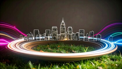 City silhouette framed by vibrant light trails on a circular platform, nestled in grass