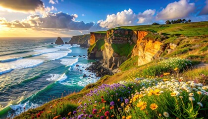 A vibrant coastal landscape at sunset, showcasing dramatic cliffs, rolling hills, and a profusion of wildflowers.