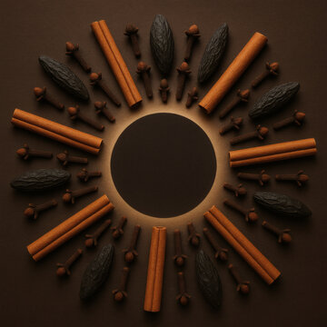 Spices arranged as solar eclipes with central void for perfume bottle