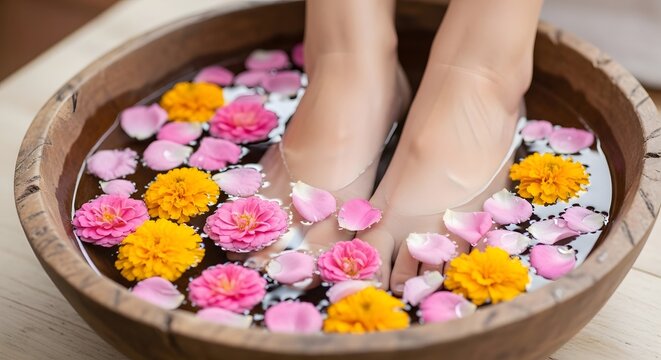 Indulge in a luxurious foot soak, surrounded by vibrant pink and yellow flower petals. Relax and rejuvenate your senses with this aromatic spa treatment. Tranquility awaits.