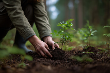 Close-up of hands planting a sapling in the forest
