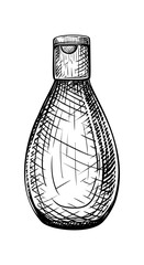 Vector hand drawn vintage illustration of cosmetic bottle in vintage engraved style. Package for shampoo, cream, tonic, lotion, serum. Black and white sketch isolated on white background