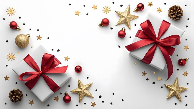 Festive Christmas Arrangement White Presents and Decorations Golden Stars Baubles Confetti Festive Still Life Holiday Season - Powered by Adobe