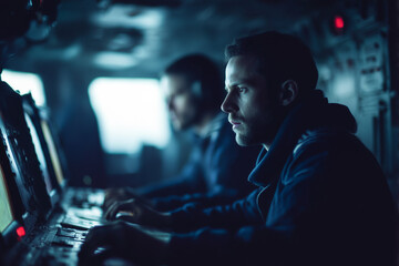 Soldier focused on navigation screens inside navy ship
