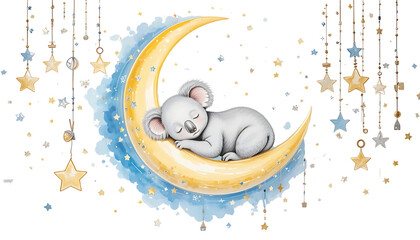 Adorable watercolor koala sleeping on a moon surrounded by stars on a transparent background, a sweet isolated PNG for nursery decor, baby announcements, and children's books.