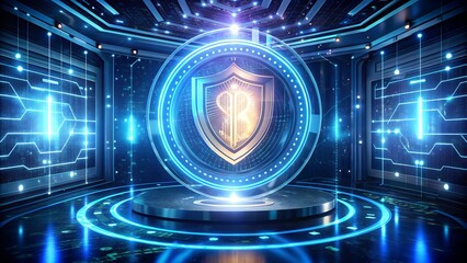 Obraz premium Secure digital shield with glowing Bitcoin symbol in futuristic data center