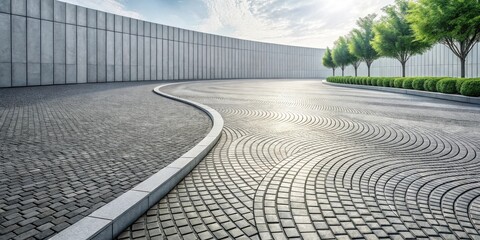 Fototapeta premium Serene curved paved pathway alongside a modern grey wall, enhanced by a lush green hedge and trees under a bright sky