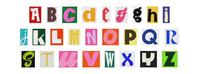Cut-out magazine alphabet letters set on transparent background, retro ransom style