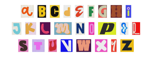Cut-out magazine alphabet letters set on transparent background, retro ransom style