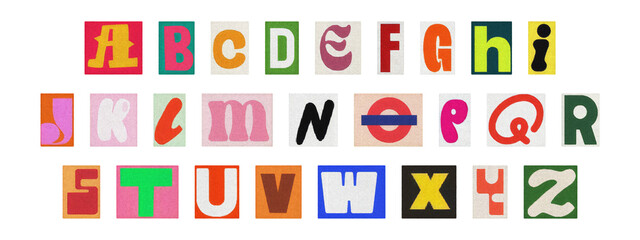 Cut-out magazine alphabet letters set on transparent background, retro ransom style