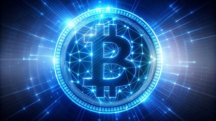Dynamic Bitcoin symbol glows with futuristic digital network and bright blue light streams
