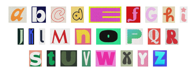 Cut-out magazine alphabet letters set on transparent background, retro ransom style