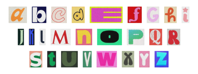 Cut-out magazine alphabet letters set on transparent background, retro ransom style