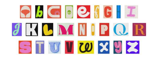 Cut-out magazine alphabet letters set on transparent background, retro ransom style