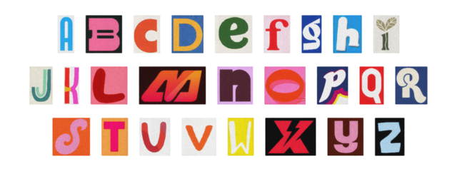 Cut-out magazine alphabet letters set on transparent background, retro ransom style