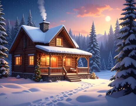 Cozy log cabin in snowy forest at twilight - Powered by Adobe