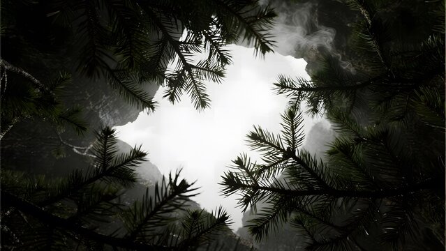 Silhouetted pine branches framing a bright, cloudy sky