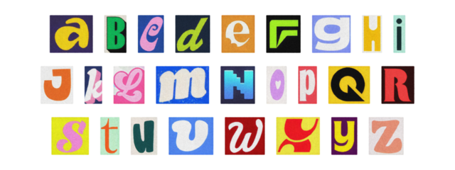 Colorful ransom style cut-out English alphabet from magazines, PNG transparent