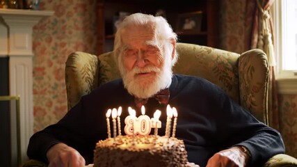 Elderly man celebrating 80th birthday with cake and candles