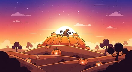 Tranquil autumn landscape illustration with vibrant sunset, rolling hills and glowing pumpkins reflecting in the