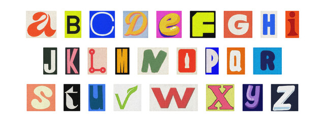 Colorful ransom style cut-out English alphabet from magazines, PNG transparent