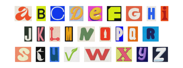 Colorful ransom style cut-out English alphabet from magazines, PNG transparent