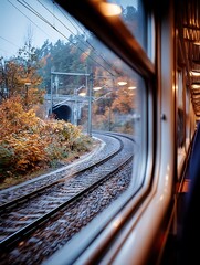 Obraz premium A view from a moving train window, capturing the motion and a forest landscape before a tunnel, symbolizing a journey, change, and the unknown ahead.