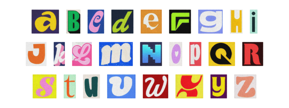 Colorful ransom style cut-out English alphabet from magazines, PNG transparent