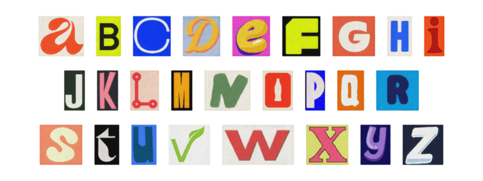 Colorful ransom style cut-out English alphabet from magazines, PNG transparent