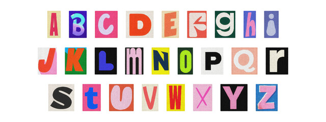 Colorful ransom style cut-out English alphabet from magazines, PNG transparent