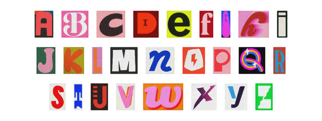 Colorful ransom style cut-out English alphabet from magazines, PNG transparent