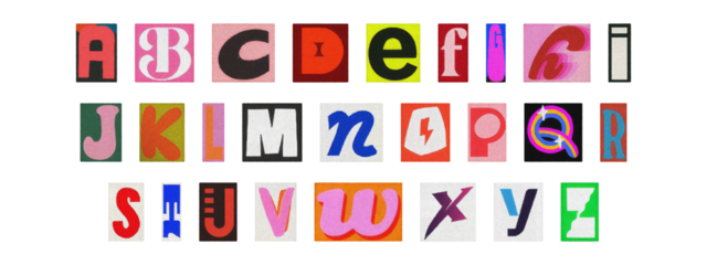 Colorful ransom style cut-out English alphabet from magazines, PNG transparent