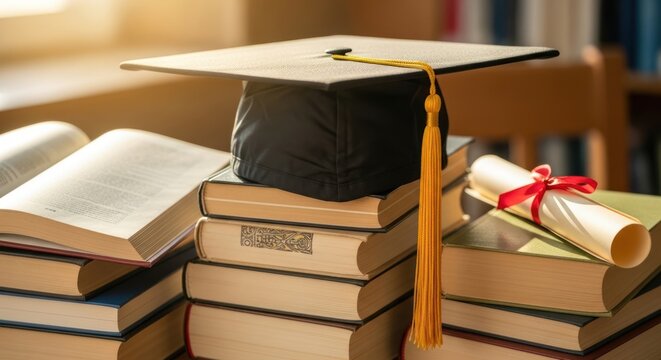 Academic Graduation Cap and Diploma on Books Symbolizing Education and Achievement.