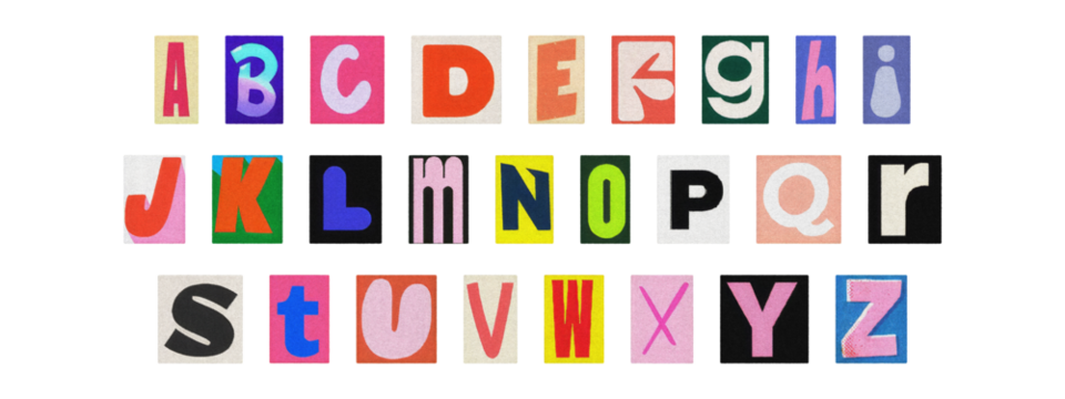 Colorful ransom style cut-out English alphabet from magazines, PNG transparent