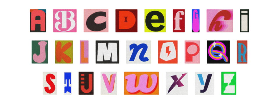 Colorful ransom style cut-out English alphabet from magazines, PNG transparent