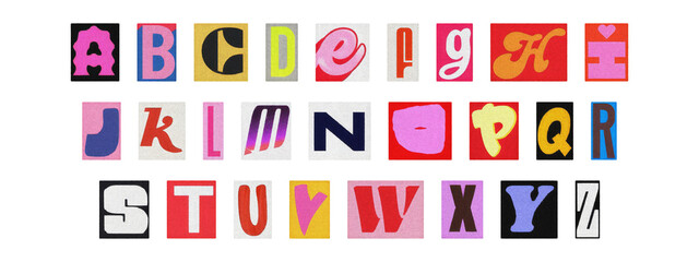 Colorful ransom style cut-out English alphabet from magazines, PNG transparent