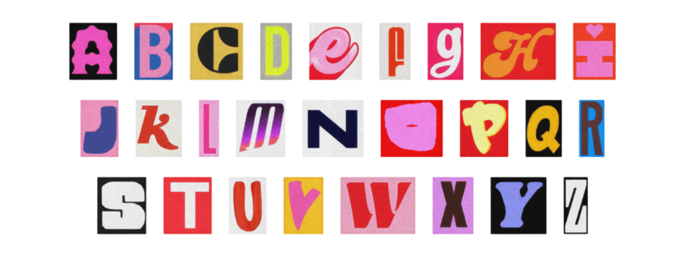 Colorful ransom style cut-out English alphabet from magazines, PNG transparent