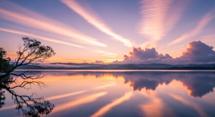 Fototapeta premium Serene Sunrise over Calm Lake with Tree Silhouette.