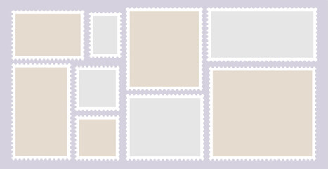 Set of vector frames for blank postage stamps. Flat design, clipart with borders, background illustration with postage stamp elements.