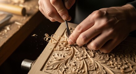 Obraz premium Skilled artisan hands meticulously carving intricate floral patterns into wood.