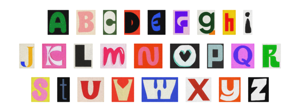 Vintage collage of cut-out letters, English alphabet ransom note design