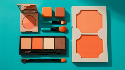 Flat Lay of Makeup Items Including Brushes, Palette, and Blush on a Teal Background