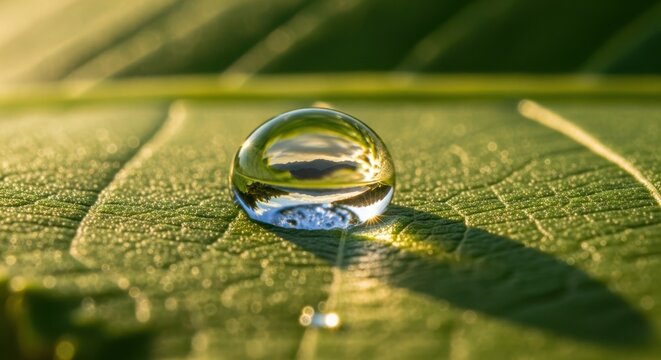 A single perfect water droplet resting on a vibrant green leaf in the morning sun.