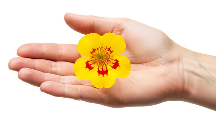 a sunshine embrace hand offering vibrant yellow flower with crimson heart, isolated on transparent background