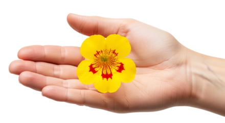a sunshine embrace hand offering vibrant yellow flower with crimson heart, isolated on transparent background