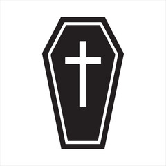 Obraz premium Simple black coffin icon with white cross symbol representing death funeral and mourning