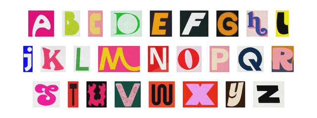 Ransom note style English alphabet set, cut-out colorful magazine letters