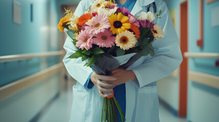 A doctor in a hospital corridor holds a bouquet of flowers on International Doctor's Day, a symbol of respect and gratitude.