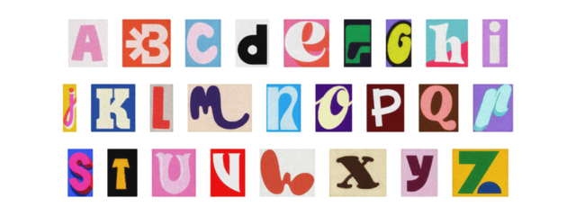 Ransom note style English alphabet set, cut-out colorful magazine letters
